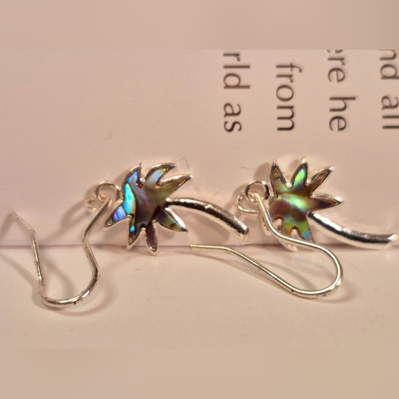 925 Stamped Silver and Blue Abalone Shell Palm Trees Earrings - Picture 1 of 8